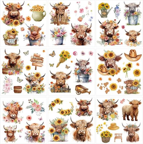 Highland Cow Rub on Transfers for Crafts - Rngmsi 9 Sheets Sunflower Rub on Transfer Stickers for Furniture Butterfly Rub on Transfers for Wood Glass Scrapbook DIY Home Decor 6.5x6.5 Inch in Kuwait