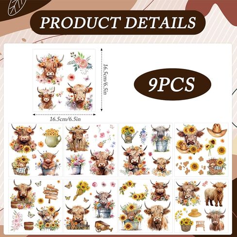 Highland Cow Rub on Transfers for Crafts - Rngmsi 9 Sheets Sunflower Rub on Transfer Stickers for Furniture Butterfly Rub on Transfers for Wood Glass Scrapbook DIY Home Decor 6.5x6.5 Inch in Kuwait