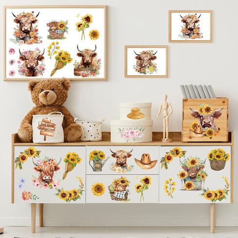 Highland Cow Rub on Transfers for Crafts - Rngmsi 9 Sheets Sunflower Rub on Transfer Stickers for Furniture Butterfly Rub on Transfers for Wood Glass Scrapbook DIY Home Decor 6.5x6.5 Inch in Kuwait