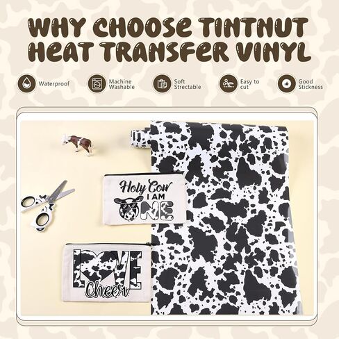 Tintnut Cowhide Heat Transfer Vinyl Roll - 12inch x 5ft Animal Patterned HTV Iron on Vinyl Black and White HTV Vinyl DIY Clothes Handbags for Cricut or Silhouette Cameo in Kuwait