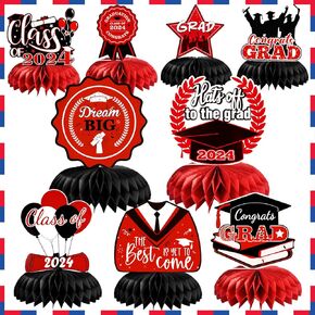 2024 Graduation decorations party centerpieces Class of 2024, 9pcs Graduation decoration party table Honeycomb Centerpieces decor Congrats Grad Party Supplies(Red)