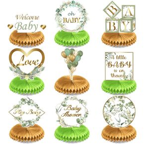 9 Pcs Greenery Baby Shower Honeycomb Centerpieces Oh Baby Party Decorations Sage Green Party Table Centerpieces Baby Boy Girl Birthday Party Green Leaf Cake Decorations