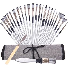 24 Pcs Acrylic Paint Brush Set, Oil Painting Brushes with Flat, Filbert, Fan, Liner, Round, Angle Shapes, Professional Artist Paint Brushes Set for, Watercolor, Acrylic Canvas Painting, Body Painting