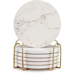 6 Pcs White Marble Coaster Set with Holder Best Absorbent Coasters Drink Coasters Ceramic Bar Coasters Cute Table Coasters Gift Cup Stone Coasters Modern Coasters