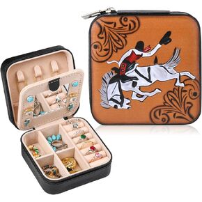 DEEKA Western Jewelry Box Case Real Leather Turquoise and Brown Embossed Tooled Travel Jewelry Organizer Gifts Christmas Gifts for Women Country Girls Cowgirl Stuff Portable Travel Accessories -Green