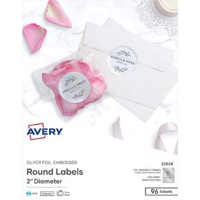Avery Printable Embossed Foil Round Labels, 2" Diameter, Silver, 96 Customizable Labels (22824)