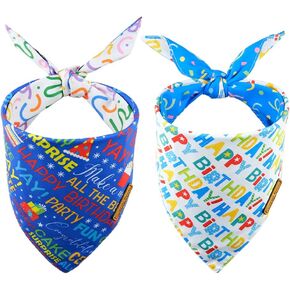 CROWNED BEAUTY Birthday Dog Bandanas Reversible Large 2 Pack, Happy Birthday Set, Adjustable Triangle Holiday Blue Scarves for Medium Large Extra Large Dogs Girl Boy Pets DB50-L