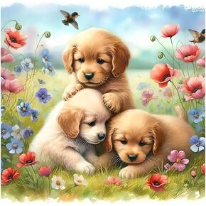 SJUTOUCI Puppy Diamond Painting Kits for Adults, Dog Diamond Art Kits for Beginner, 5D DIY Painting with Diamonds, Full Drill Round Gem Art Craft Home Decor 12x12 inch, Animal