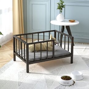 Dog Bed with Rails - Elevated Pet Metal Bed Frame with Solid Wood Board and Washable Soft Mat for Small Dog Indoor or Outdoor Use, 21.3" x 30 ", White