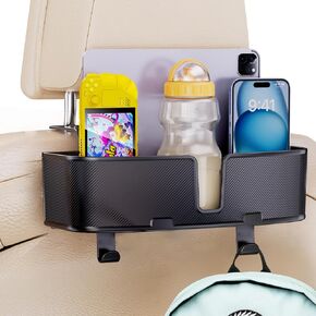 Car Headrest Cup Holder for Back Seat Organizer for Type-c/Lightning Retractable Charging Cables Multi- Hanging Snack Storage Box with Strong Hooks for Kids and Fast Charging for Travel Accessories