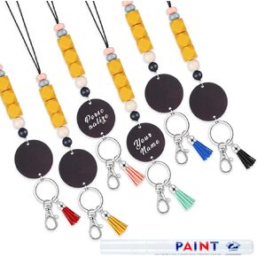 7 Pcs Personalized Teacher Beaded Lanyard Back To School Teacher Appreciation Gifts Silicone Beaded Lanyard with Wooden Name Tag Paint Pens White Markers Keychain Holder for Teachers