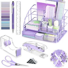 Purple Desk Organizers and Accessories, Purple Office Supplies with Mesh Desk Organizer, Acrylic Tape Dispenser and Stapler, Staples, Ballpoint Pen, Clips Set, Ruler, Scissor, Sticky Labels