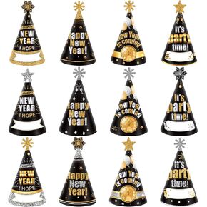 Amosfun 12Pcs Happy New Year Party Hats Paper Cone Hat New Years Eve Hats New Years Eve Party Supplies Decorations for Kids and Adults