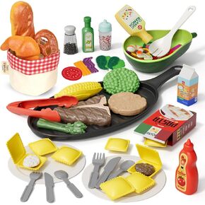 Lehoo Castle Play Kitchen Accessories, Plastic Play Food Sets for Kids Kitchen, Fake Food Pretend Play for Toddlers 3-5, Realistic Felt Food Playset for Kids Restaurant Pretend Food with Dishes