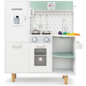 INFANS Kid Kitchen Playset, Toddler Wooden Pretend Cooking Set with Realistic Light & Sound, Stove, Sink, Microwave, Storage Cabinet, Play Kitchen Toy Set for Children Boys Girls