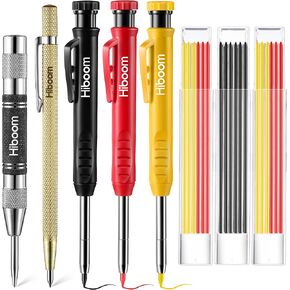 Hiboom Mechanical Carpenter Pencils Set with Solid Deep Hole Woodworking Pencils with Built in Sharpener & Refills, Automatic Center Punch, Carbide Scribe Tool for Architect Construction