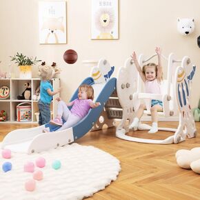 Costzon 4 in 1 Toddler Slide and Swing Set, Rocket Indoor Outdoor Pink Baby Swing with Slide, Swing, Climber, Basketball Hoop and Ball, Kids Climber Playground Playset for Girls Age 1+ Gifts Presents in Kuwait