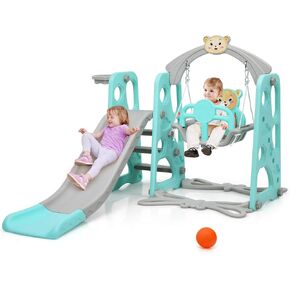 Costzon 4 in 1 Toddler Slide and Swing Set, Rocket Indoor Outdoor Pink Baby Swing with Slide, Swing, Climber, Basketball Hoop and Ball, Kids Climber Playground Playset for Girls Age 1+ Gifts Presents
