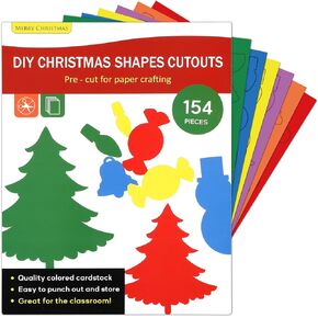 154Pcs Christmas Cutout Punch Out Christmas Bulletin Board Decoration Christmas Tree Snowman Gingerbread Paper Cutouts for DIY Craft Xmas Classroom Home Party Decor