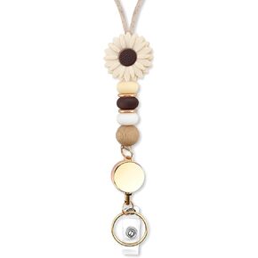 Cute Teacher Lanyard Silicone Beads ID Badge Holder Flower Lanyards with Retractable Badge Reel Card Holder for Office Nurse (Beige)