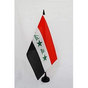 علم طاولة العراق القديم 5'' x 8'' - علم المكتب العراقي 21 x 14 سم - عصا وقاعدة بلاستيكية سوداء - AZ FLAG