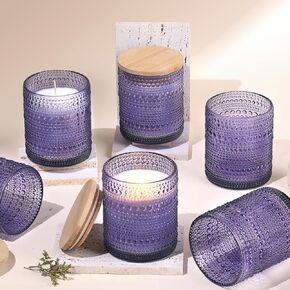 DEVI 14oz Purple Glass Candle Jars for Making Candles (6 Pack), Large Purple Glass Candle Jars with Bamboo Lids, Bulk Empty Candle Containers, Candle Tins Making Supplies, Lavender Office Decor