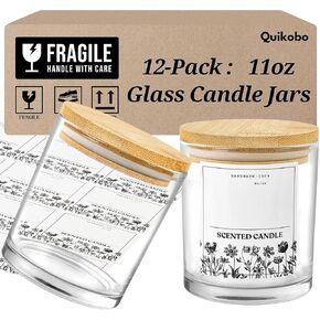 12-Pack 11oz Clear Glass Candle Jars with Bamboo Lids for Making Candles, Large Size Empty Candle Tins, Transparent Candle Containers - Dishwasher Safe