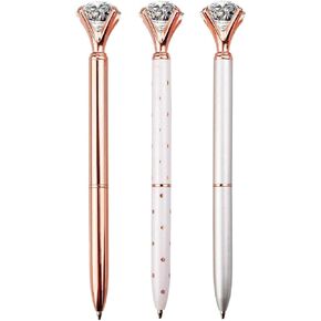 3 PCS Ballpoint Pens Large Crystal Diamond Pen Bling Metal Office and School, Silver/White Rose Polka Dot/Rose Gold, Includ 3 Pen Refills