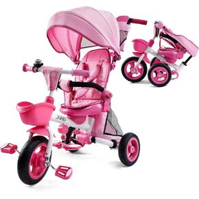 JMMD Baby Tricycle, 7-in-1 Folding Kids Trike with Adjustable Parent Handle, Safety Harness & Wheel Brakes, Removable Canopy, Storage, Stroller Bike Gift for Toddlers 18 Months - 5 Years(Pink)