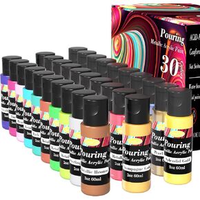Metallic Acrylic Pouring Paint, Set of 30 Metallic Colors Fluid acrylic paint, Pre-Mixed High Flow & Ready to Pour(30x 2 oz./ 60 ml), Pouring Painting Supplies for Easter Decorations, Canvas & Paper, Rocks, Wood, and More