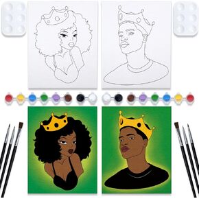 VOCHIC Paint and Sip Kit Pre Drawn for Painting for Adults Stretched Canvases Painting Paint Party Kits Couples Games Date Night Ideas (2 Pack) Painting Canvas Afro Queen King 8x10 Paint Art Set