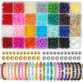 6mm Glass Beads for Bracelets Making, 1420pcs 25 Colors Crystal Round Beads Jewelry Making Kit with Spacer Beads, DIY Craft Gift