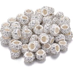 Sasylvia 60 Pieces Hair Beads 12 mm Rhinestone European Bead Large Hole Crystal Charm Bead Hair Beads for Braids for Women for Necklace Earring Bracelet Craft Making Supplies (White)