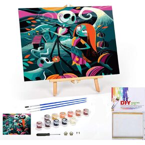 Jack Sally Paint by Numbers Kits for Adults, Halloween Paint by Number for Adults Beginner, Nightmare Before Christmas Paint by Numbers Kits on Canvas with Framed and Easel for Wall Decor 12x16in