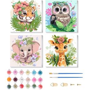 4 Pack Paint by Numbers Kit for Kids with Wooden Frame - Easy Acrylic with Paints and Brushes Cartoon Animals Paint by Numbers Kit for Wall Decor Gift (8 * 8inch)