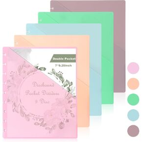7 * 9.25inch 5 Pcs Discbound Pocket Dividers Discbound Notebook Dividers with Pockets 9 Disc Planner Pocket Inserts Disc Planner Cover Discbound Notebook Accessories Double Pocket for Office School