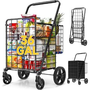 36 GAL Shopping Cart for Groceries - Grocery Cart on 360° Swivel Big Strong Wheels, 350 Lbs Capacity, Folding Shopping Cart with Basket & Waterproof Liner - Heavy Duty Utility Cart for Laundry