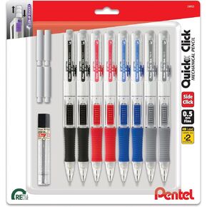 Pentel Quick Click Mechanical Pencil, (0.5mm), Includes Refill Lead and Erasers, Pack of 8 Pencils (PD215LEBP8)
