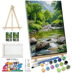 JOOZ Landscape Paint by Number Kit for Adults Beginner with Easel Mountain Adult Paint by Number Kits on Canvas with Frame Forest DIY Oil Painting Kits for Gift Home Wall Decor 7.87x11.81 Inch