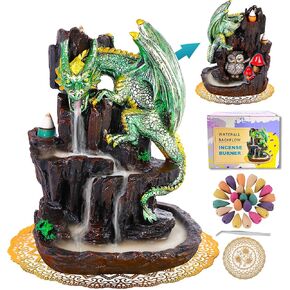 Zvaiuk Dragon Backflow 2 Sided Mountain Waterfall Incense Burner,Fountain Smoke Incense Holder with 100 Backflow Incense Cones, Tweezers, Mat，Resin Aromatherapy Meditation Decor