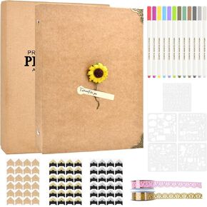 DIY Scrapbook Photo Album, 8.3''x10.5'' Hardcover Kraft Blank Scrapbook Album Kit for Family, Wedding, 3 Ring Scrapbook Album with Corner Stickers, Scrapbook Pens, Drawing Template, (Khaki）