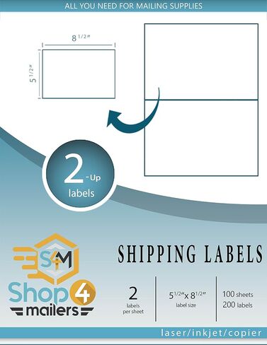 Shop4Mailers 2-Up White Permanent Self Adhesive Shipping Labels 5 ½" x 8 1/2" Easy Peel Stickers for Laser & Inkjet Printers - 100 Sheets - 200 Count Labels in Kuwait