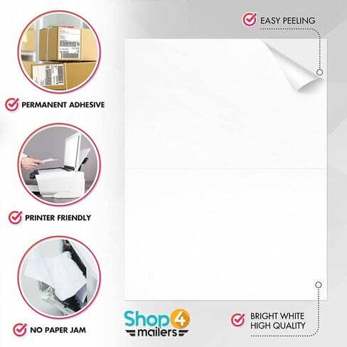 Shop4Mailers 2-Up White Permanent Self Adhesive Shipping Labels 5 ½" x 8 1/2" Easy Peel Stickers for Laser & Inkjet Printers - 100 Sheets - 200 Count Labels in Kuwait