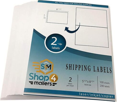 Shop4Mailers 2-Up White Permanent Self Adhesive Shipping Labels 5 ½" x 8 1/2" Easy Peel Stickers for Laser & Inkjet Printers - 100 Sheets - 200 Count Labels in Kuwait