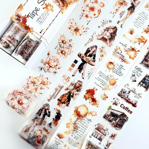 Dizdkizd Pre-Cut Coffee Themed PET Washi Tapes for Journaling, Scrapbooking, Vintage Aesthetic Tape Stickers for Junk Journal, Crafts, Planners, 4 Rolls in Saudi Arabia