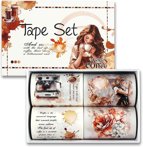 Dizdkizd Pre-Cut Coffee Themed PET Washi Tapes for Journaling, Scrapbooking, Vintage Aesthetic Tape Stickers for Junk Journal, Crafts, Planners, 4 Rolls in Saudi Arabia