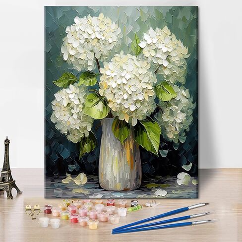 TUMOVO Bouquet Paint by Numbers, Bouquet of White Hydrangeas in a Vase Paint by Numbers for Adults Flowers Oil Painting with Brushes and Pigment, Arts Craft for Home Decor, 16x20 Inch in Kuwait