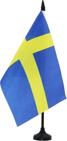 Sweden Table Flag 5'' x 8'' - Swedish Desk Flag 21 x 14 cm - Black plastic stick and base - AZ FLAG in Saudi Arabia