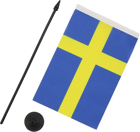 Sweden Table Flag 5'' x 8'' - Swedish Desk Flag 21 x 14 cm - Black plastic stick and base - AZ FLAG in Saudi Arabia