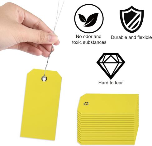 PLULON 105 Pcs Yellow Tags with String Wire Plastic Tags 4 3/4" x 2 3/8" Shipping Labels Tag for Labeling Waterproof Hang Tags Bulk Writable Blank Tags Name Price Tag for Inventory Luggage Clothing in Saudi Arabia
